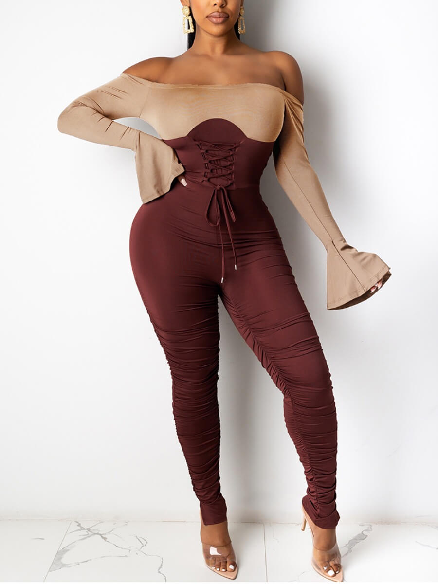

Lovely Sexy Flared Off The Shoulder Patchwork Dull Red One-piece Jumpsuit