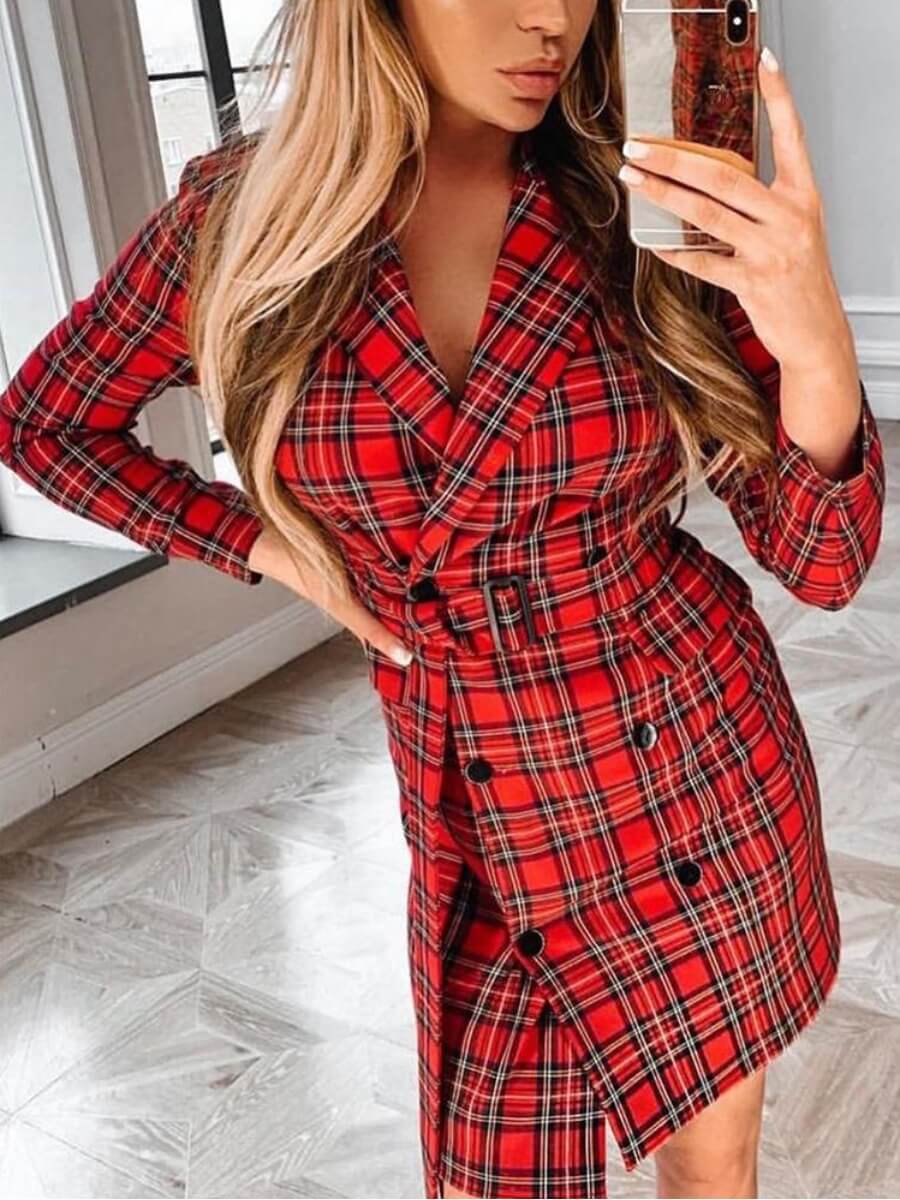 

Lovely Formal Plaid Print Lace-up Red Coat