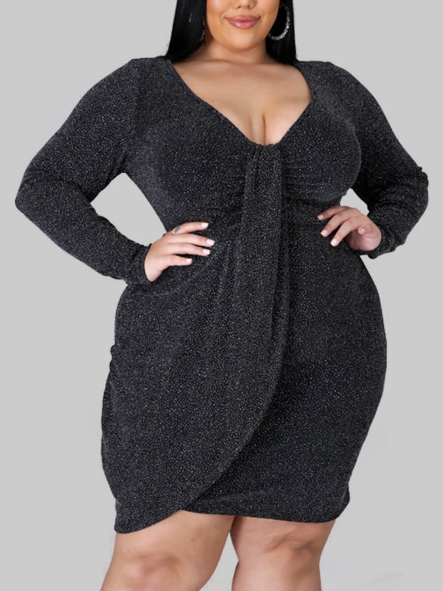 

Lovely Casual V Neck Cross-over Design Black Mini Plus Size Dress