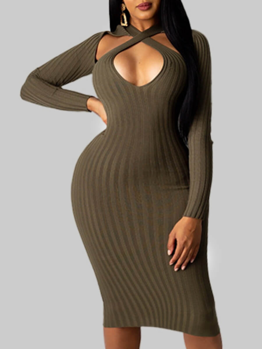 

Lovely Sexy Cross-over Design Green Ankle Length Plus Size Dress