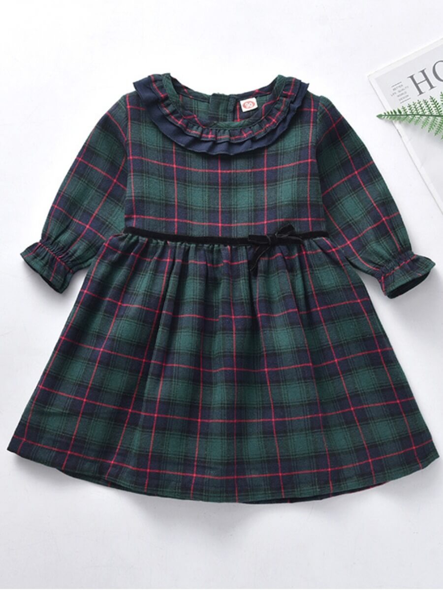 

Lovely Sweet Plaid Print Flounce Design Dark Blue Girl Knee Length Dress