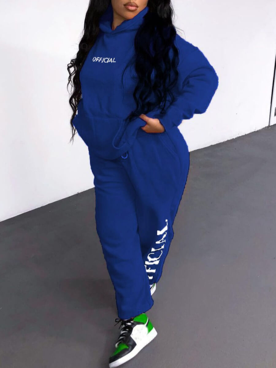 

Lovely Casual Letter Print Kangaroo Pocket Blue Two Piece Pants Set