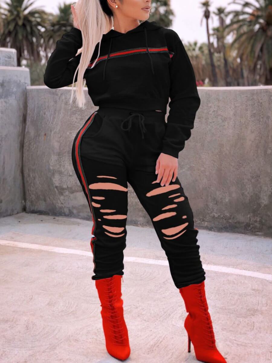 

Lovely Sportswear Hooded Collar Striped Ripped Black Two Piece Pants Set