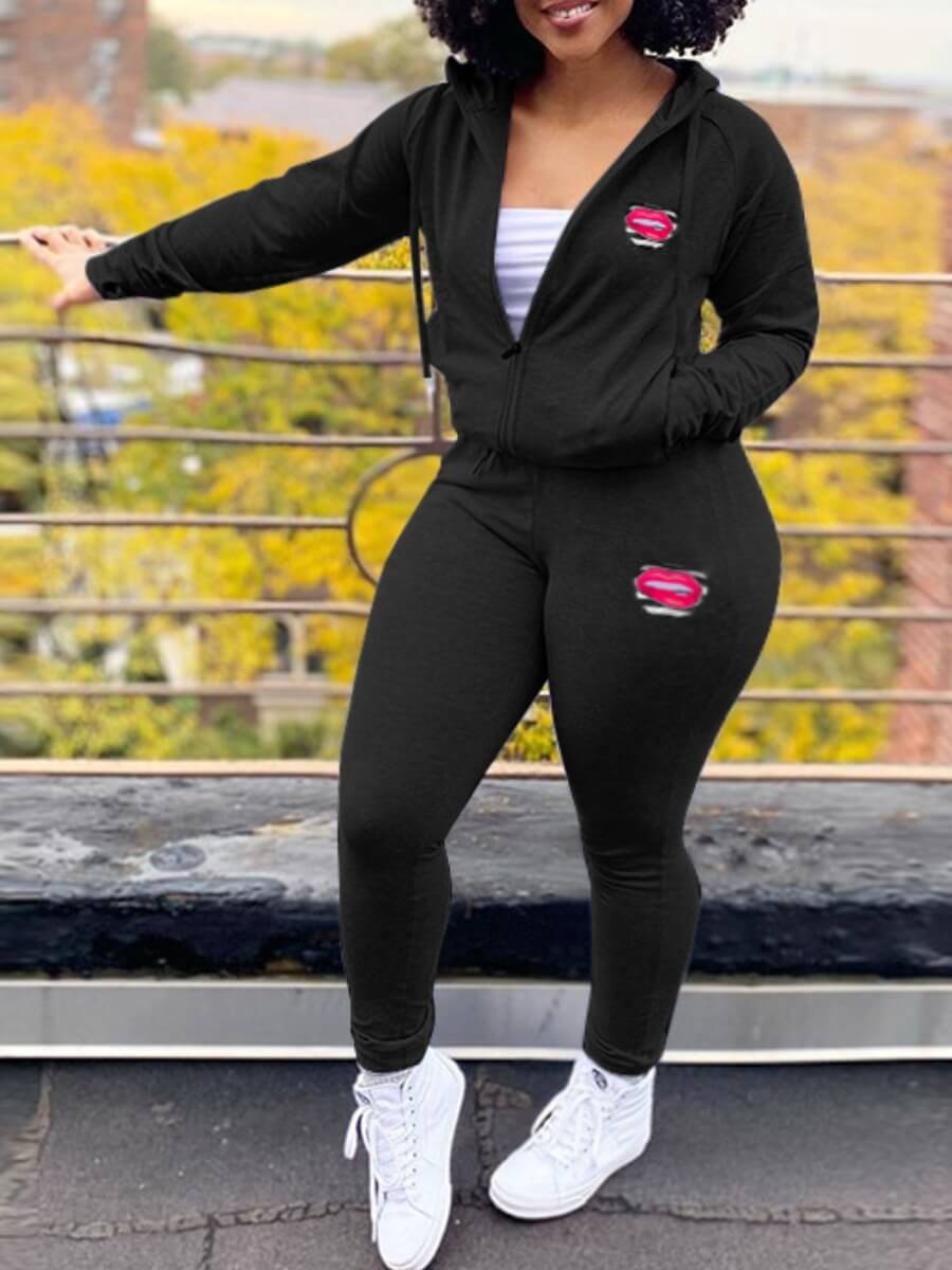 

Lovely Sportswear Kangaroo Pocket Striped Black Two Piece Pants Set