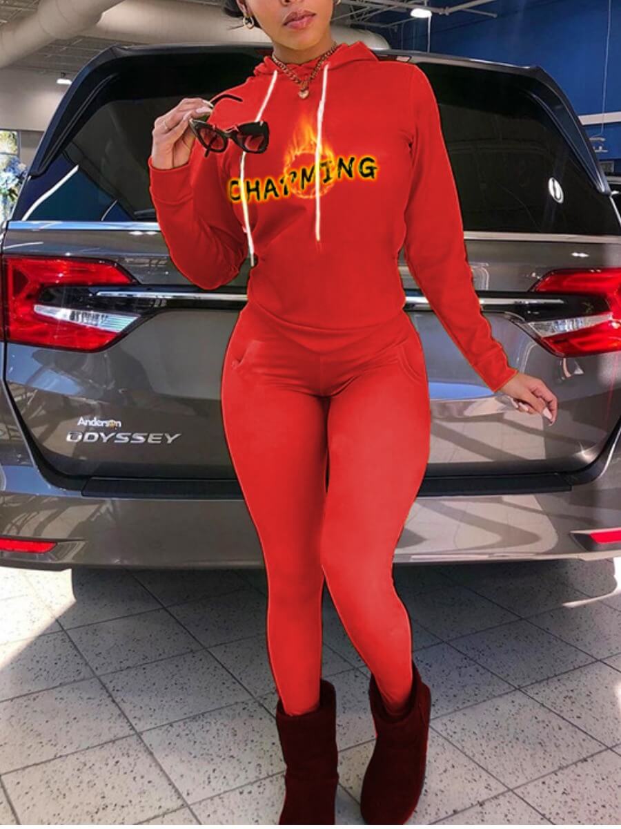 

Lovely Trendy Hooded Collar Fire Letter Print Red Two Piece Pants Set