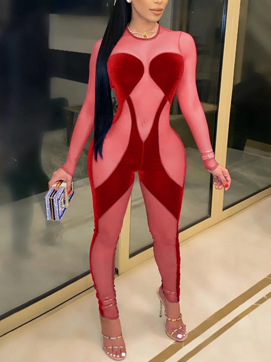 

Lovely Sexy See-through Patchwork Red One-piece Jumpsuit