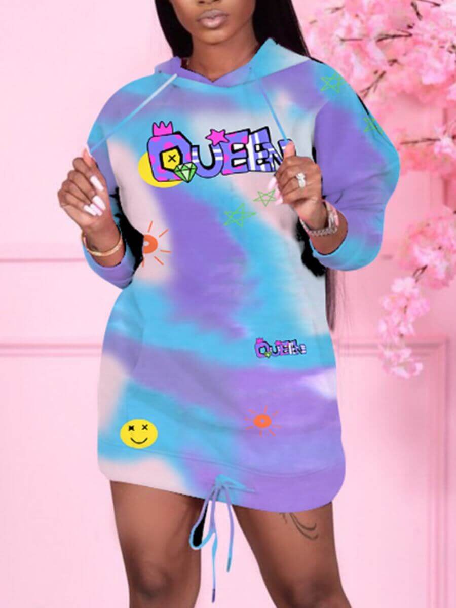 

Lovely Street Letter Print Tie-dye Purple Mini Dress