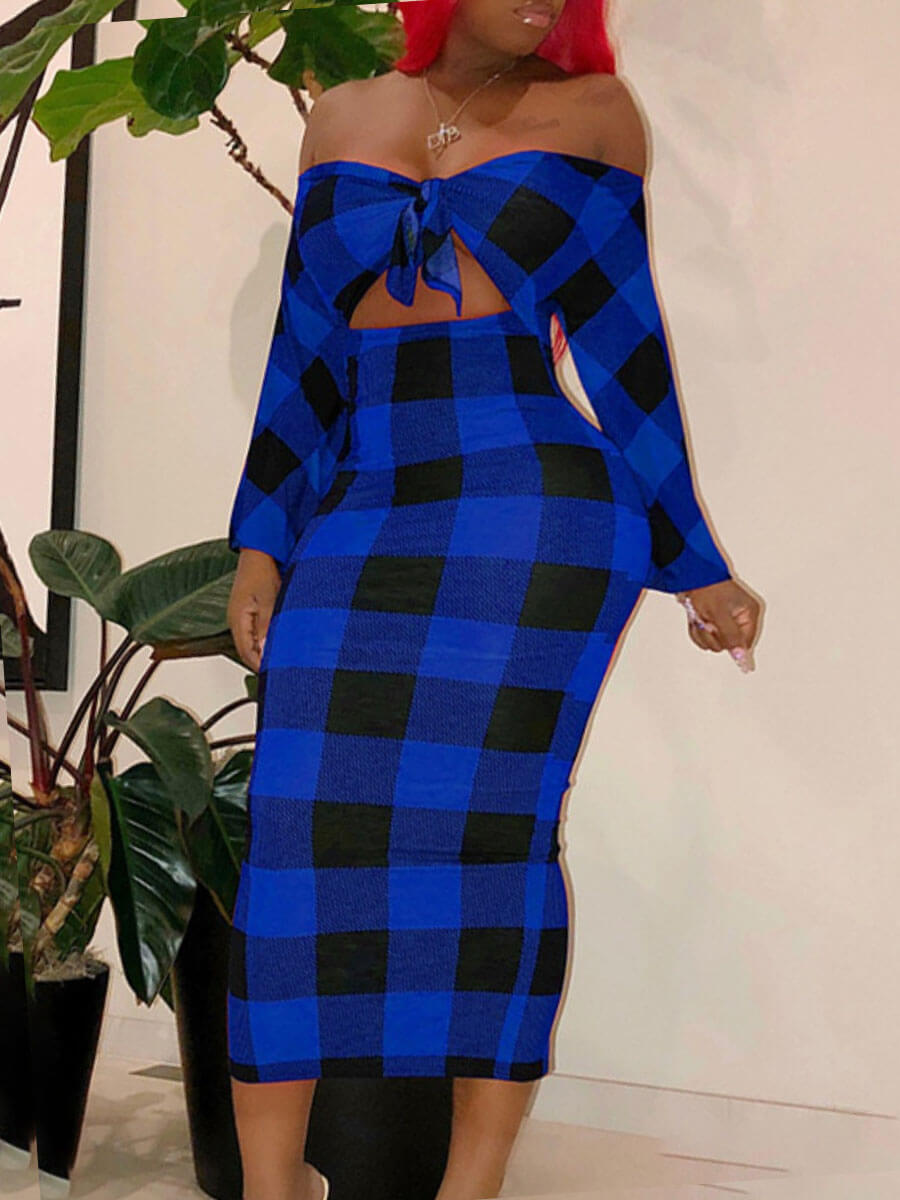

Lovely Chic Off The Shoulder Plaid Print Knot Design Blue Mid Calf Dress
