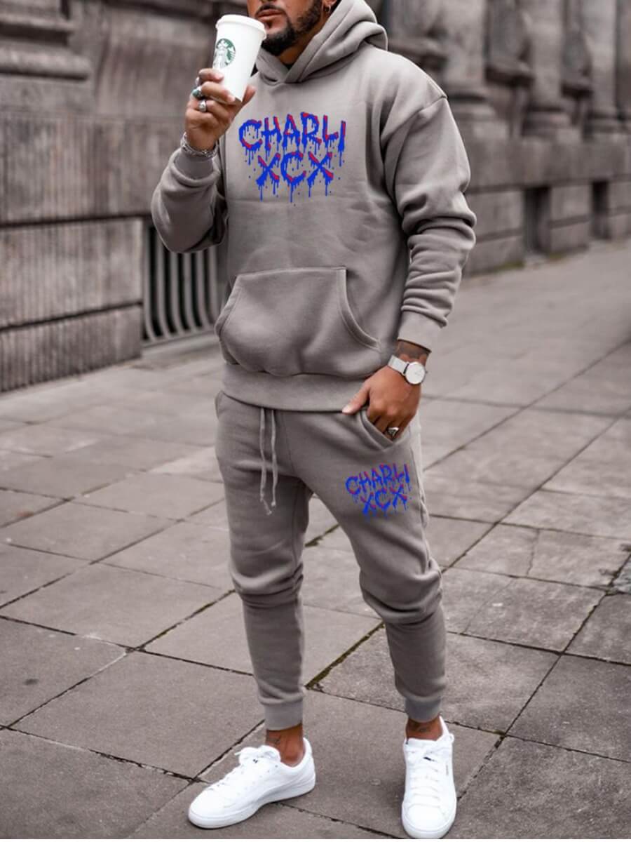 

Lovely Casual Letter Print Kangaroo Pocket Grey Men Two Piece Pants Set