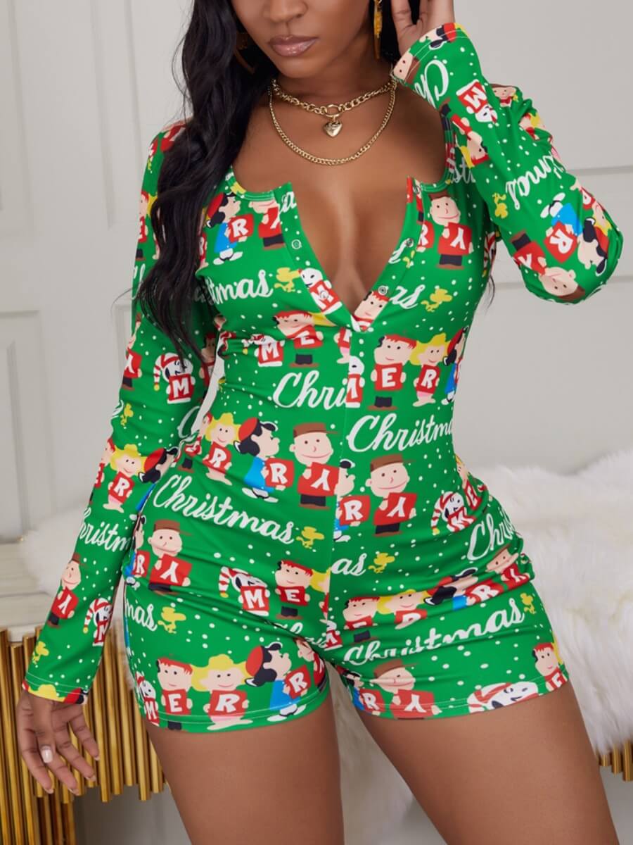 

Lovely Trendy Christmas Day Letter Print Green One-piece Romper