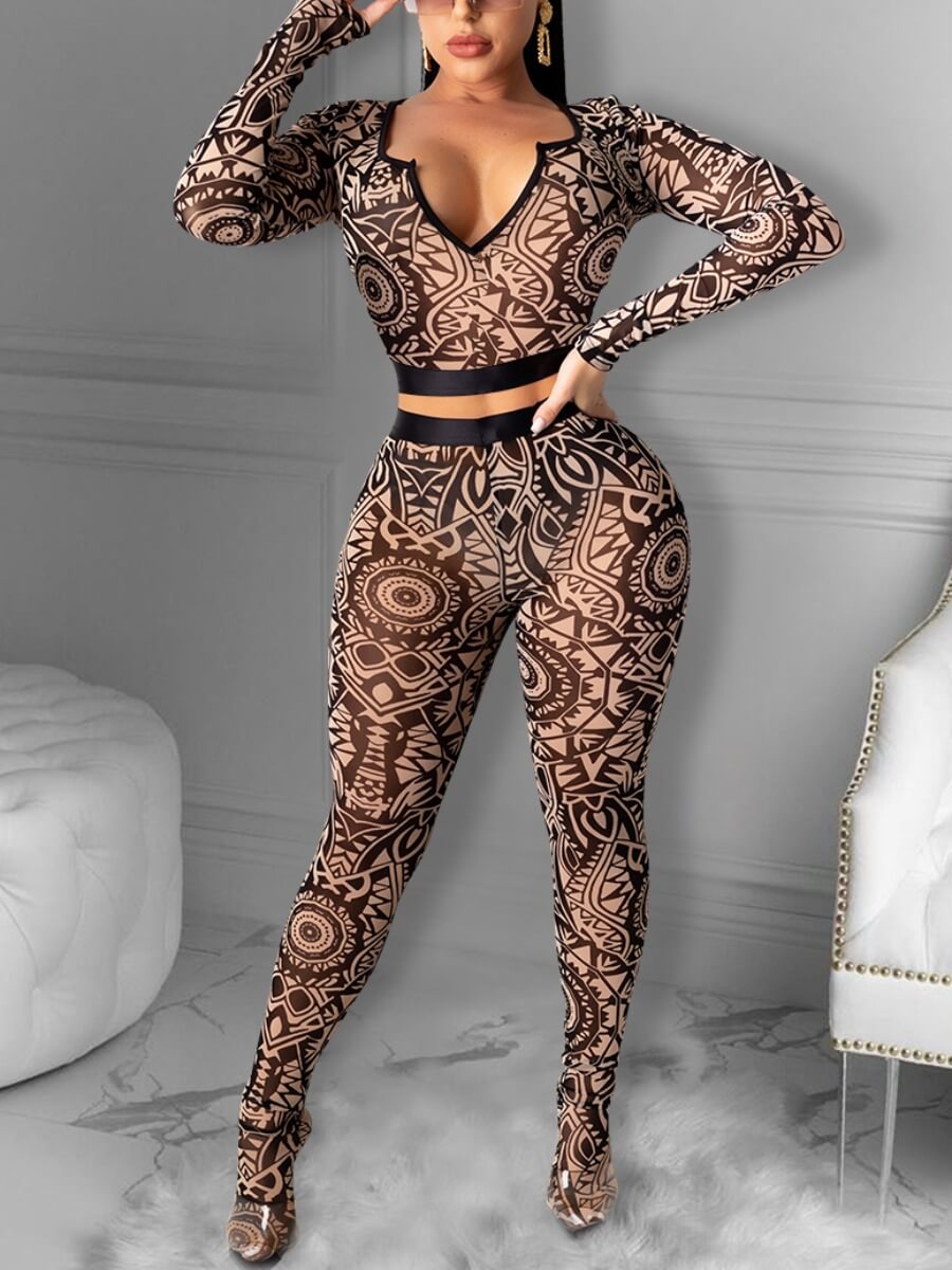 

Lovely Sexy V Neck Geometric Print Brown Two Piece Pants Set