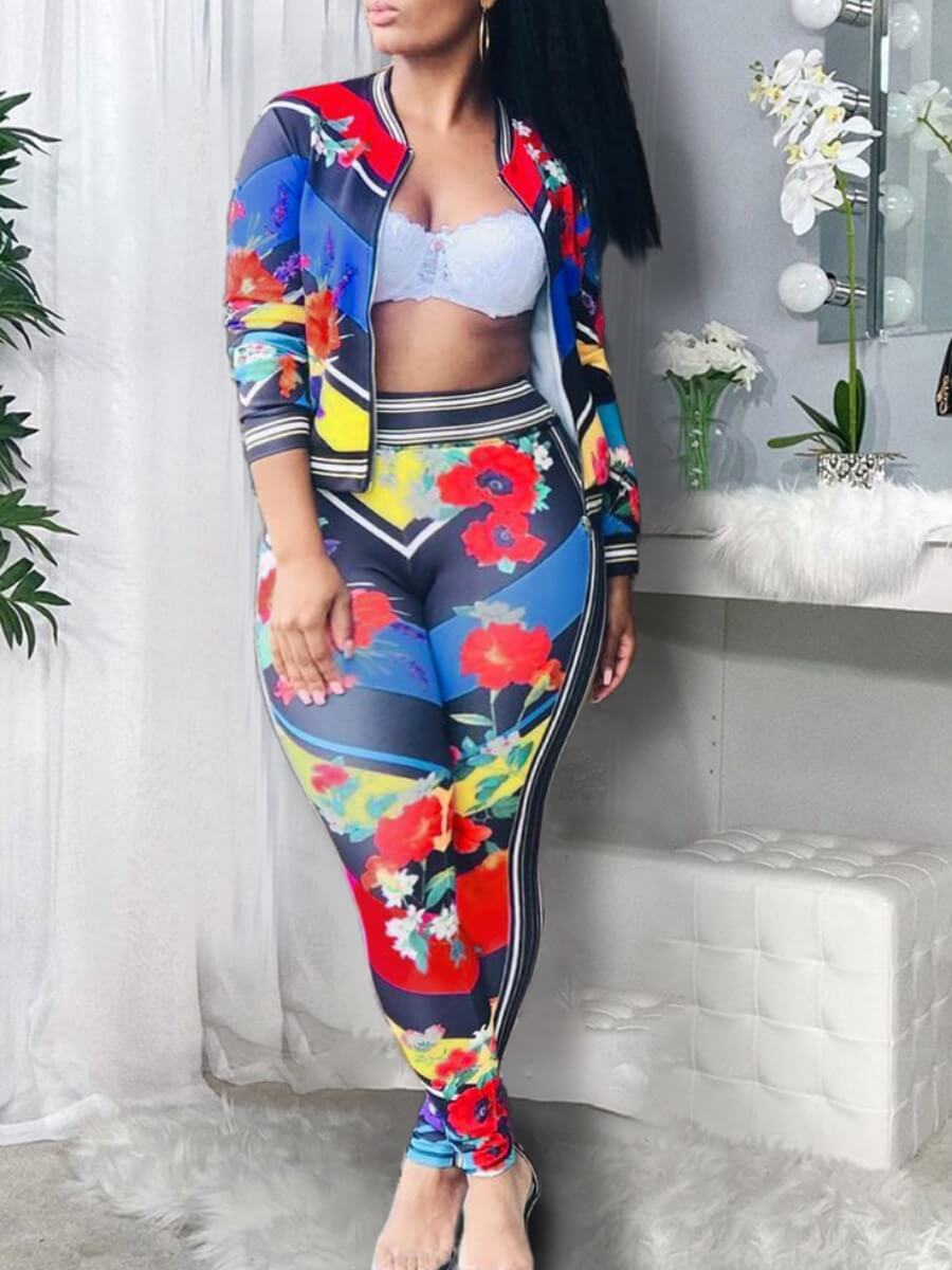 

Lovely Street Striped Floral Print Multicolor Plus Size Two-piece Pants Set, Multi