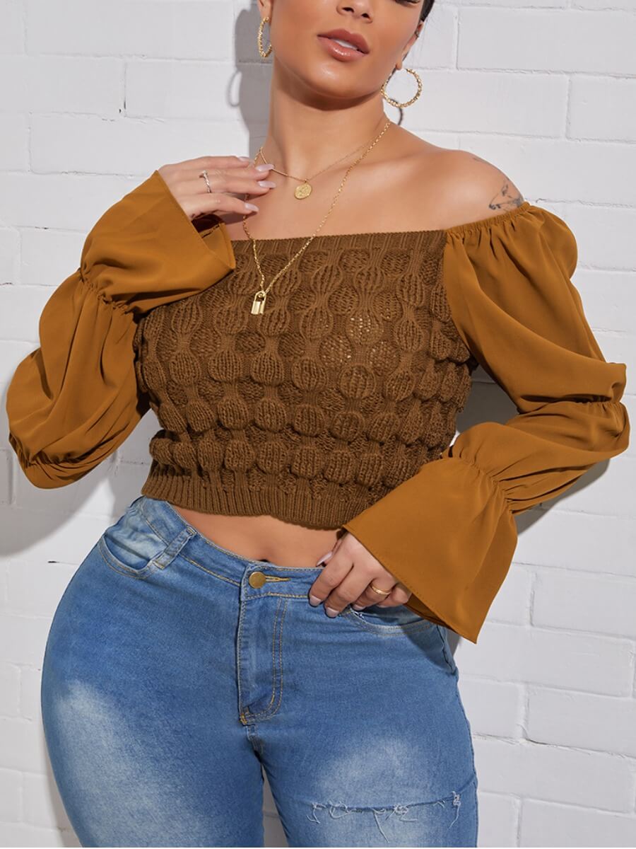 

Lovely Sweet Off The Shoulder Ruffle Design Coffee Blouse