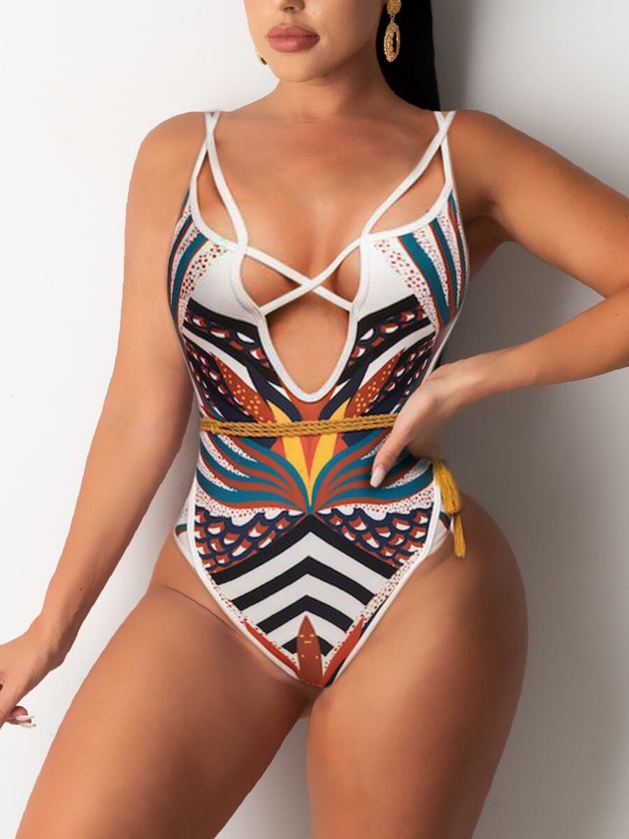 

Lovely Trendy Hollow-out Print Patchwork Brown One-piece Swimsuit