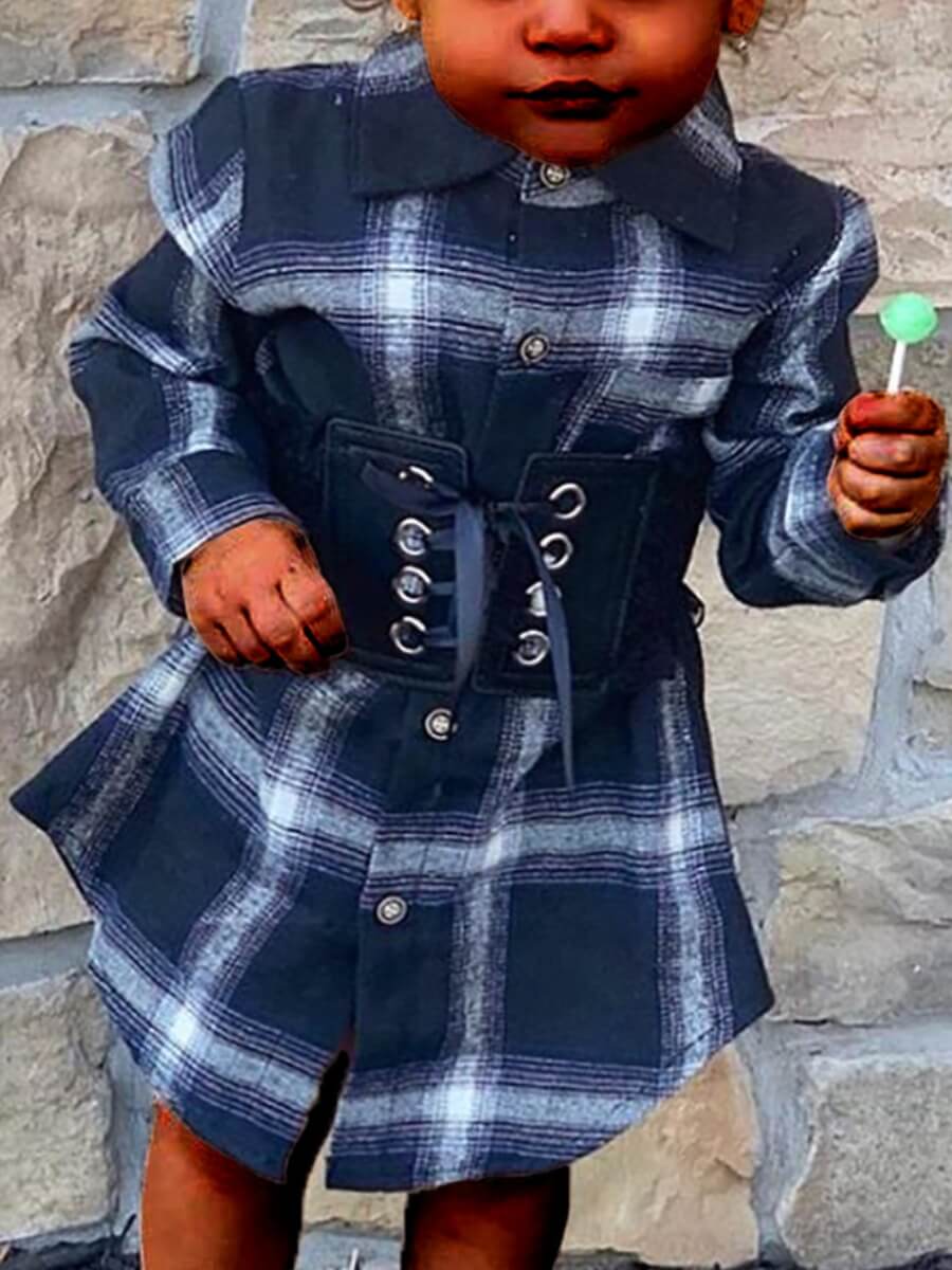 

Lovely Casual Plaid Print Bandage Design Vivid Blue Girl Blouse