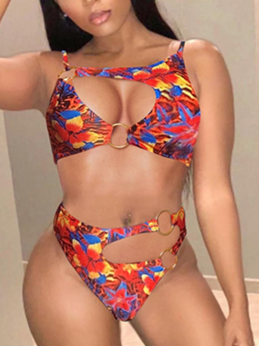

Lovely Casual Tie-dye Hollow-out Red Two-piece Swimsuit
