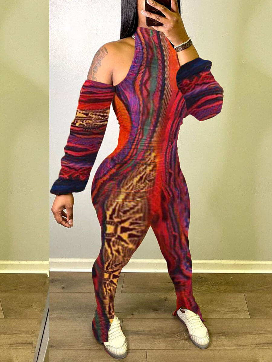 

Lovely Party Backless Off The Shoulder Print Multicolor One-piece Jumpsuit, Multi