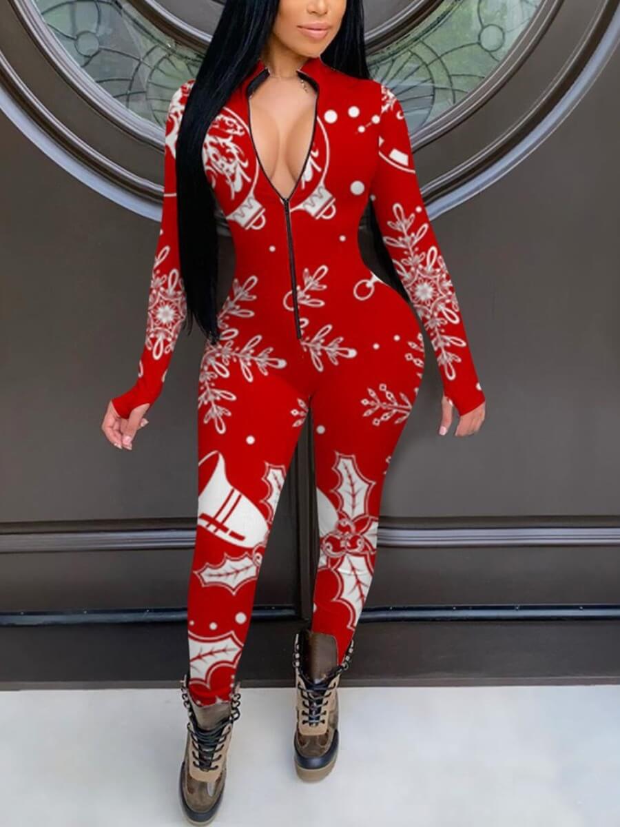 

Lovely Trendy Christmas Day Print Patchwork Red One-piece Jumpsuit