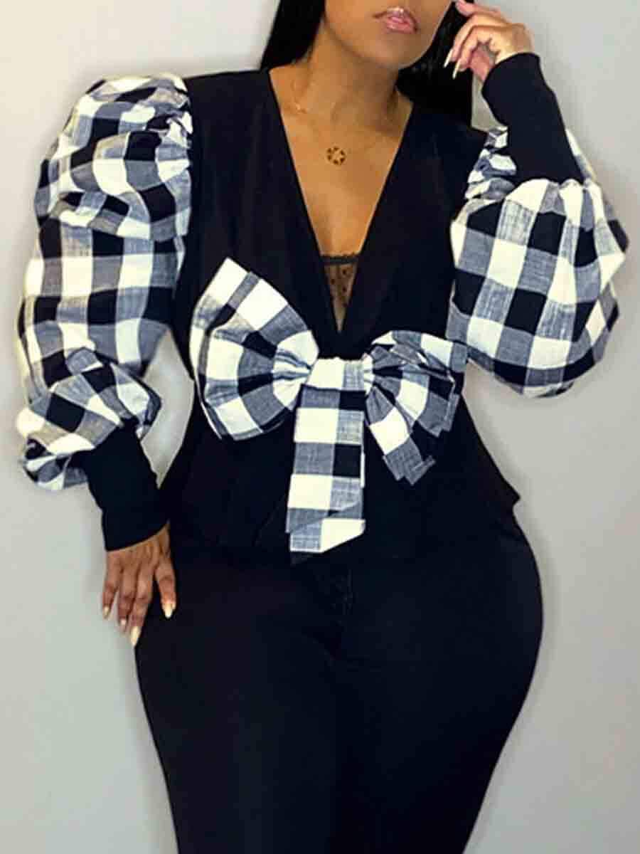 

Lovely Plus Size Stylish Plaid Ruffle Design Black And White Blouse