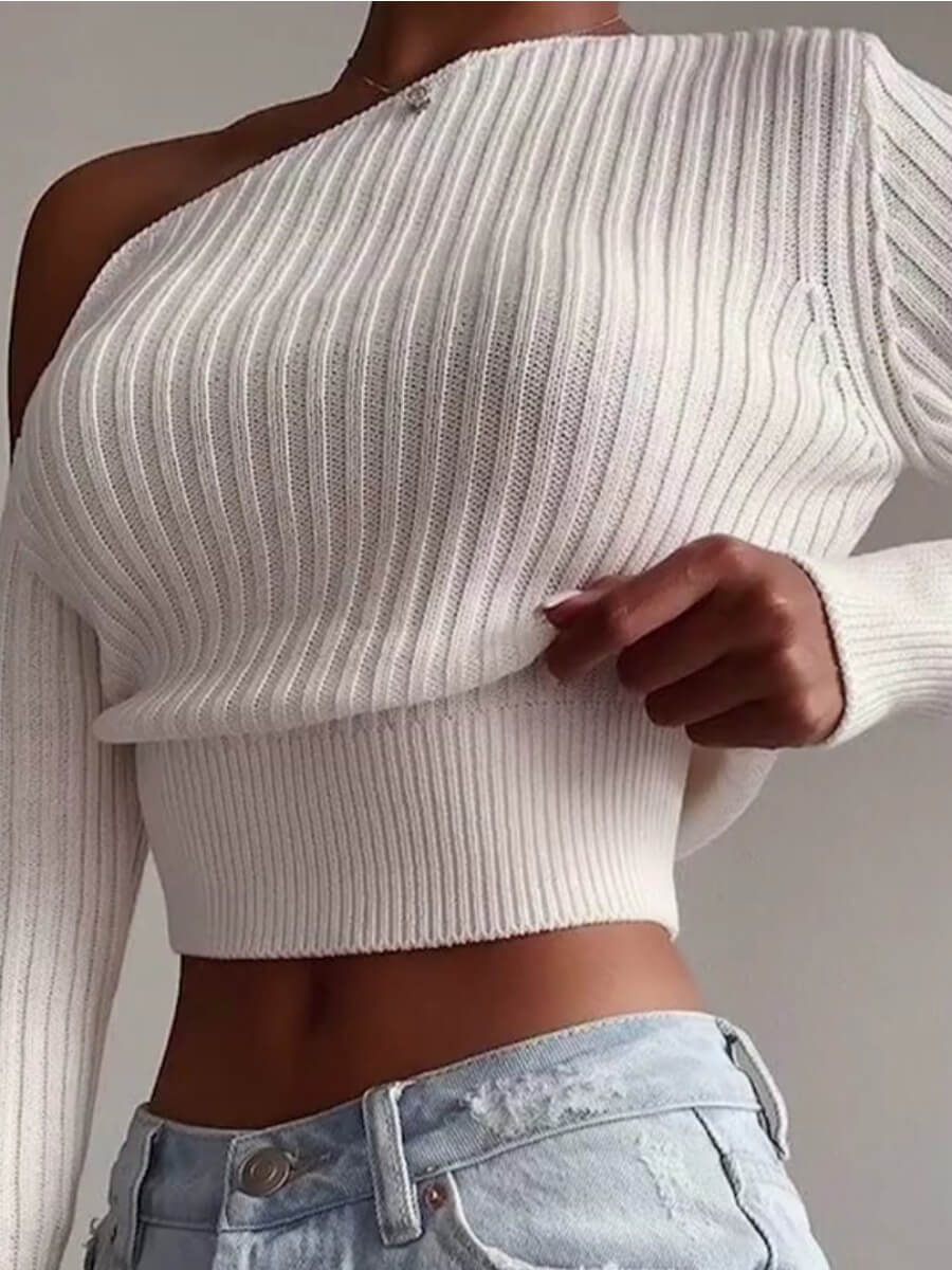 

Lovely Casual One Shoulder Basic Skinny White Sweater