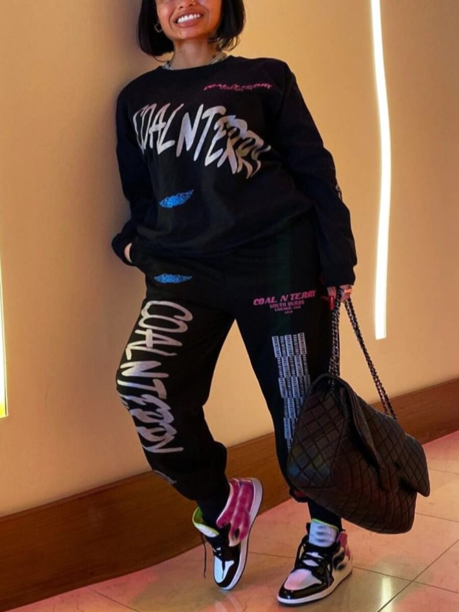 

Lovely Street Dropped Shoulder Letter Print Black Two Piece Pants Set