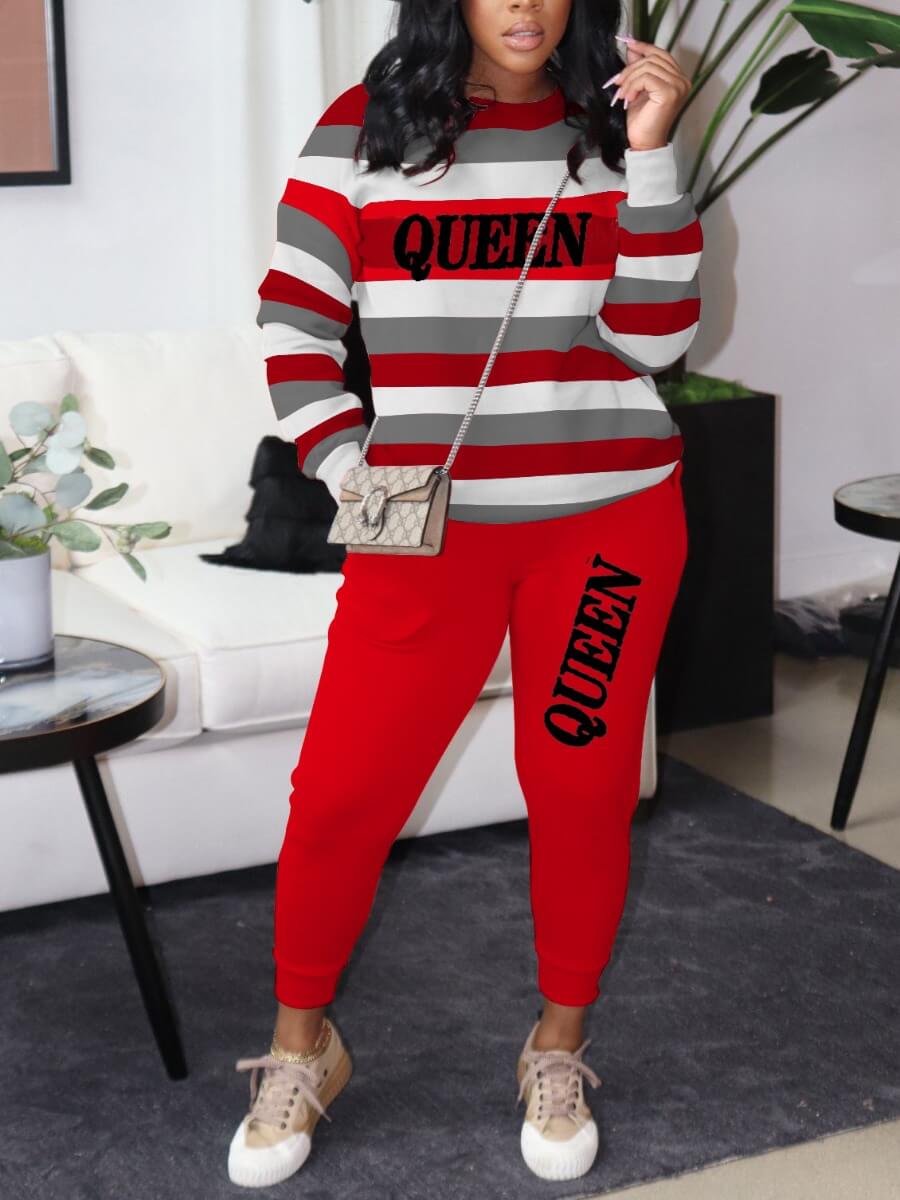 

Lovely Casual O Neck Letter Print Striped Red Two Piece Pants Set