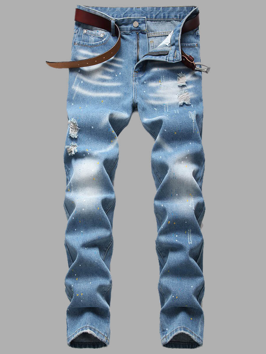 

Lovely Casual Tie-dye Broken Holes Baby Blue Men Jeans