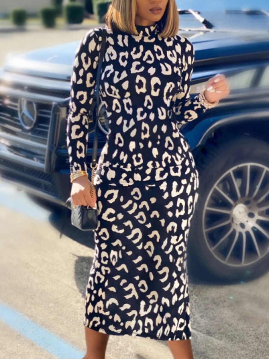 

Lovely Street O Neck Leopard Print Mid Calf Dress