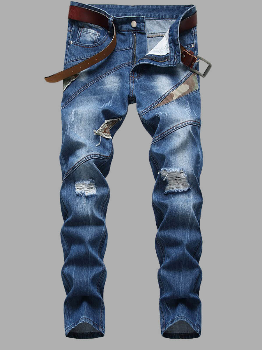 

Lovely Casual Broken Holes Tie-dye Blue Men Jeans