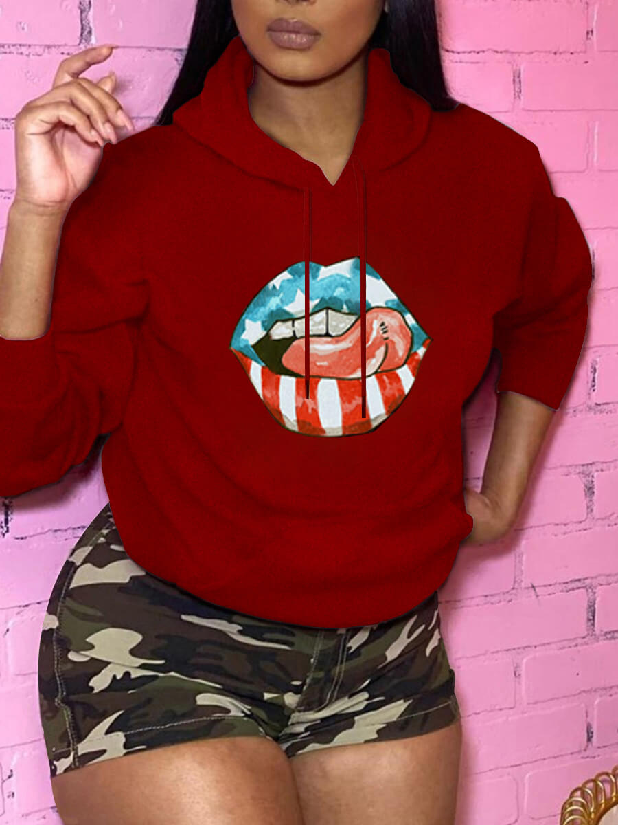 

Lovely Trendy Lip Print Kangaroo Pocket Red Hoodie