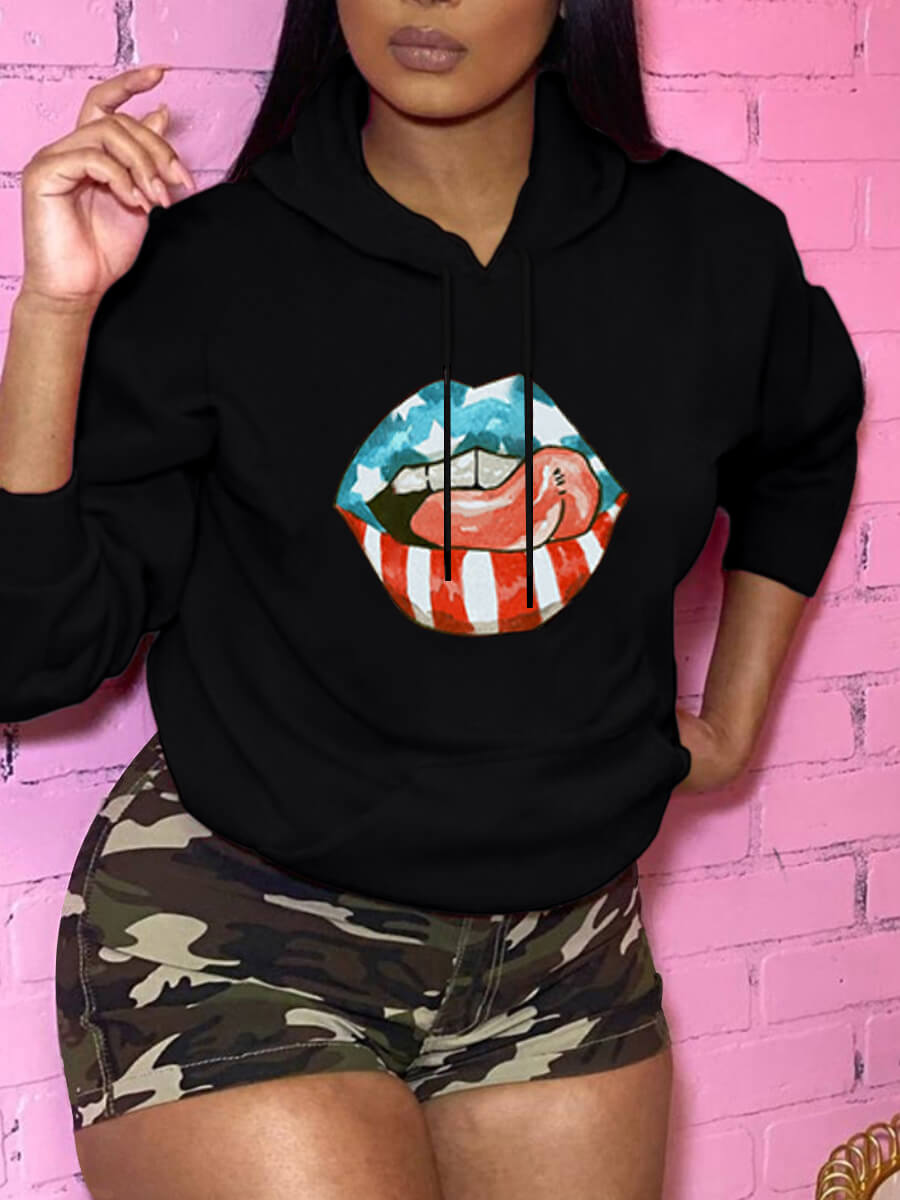 

Lovely Trendy Lip Print Kangaroo Pocket Black Hoodie