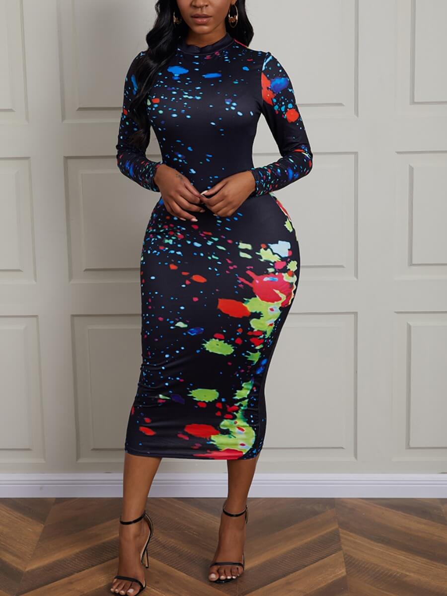 

Lovely Casual O Neck Tie-dye Print Black Mid Calf Dress