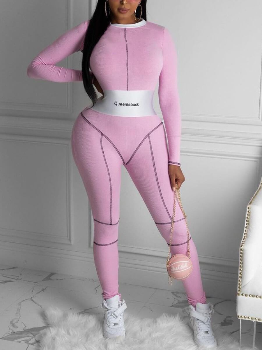 

Lovely Sportswear O Neck Stitching Pink One-piece Jumpsuit
