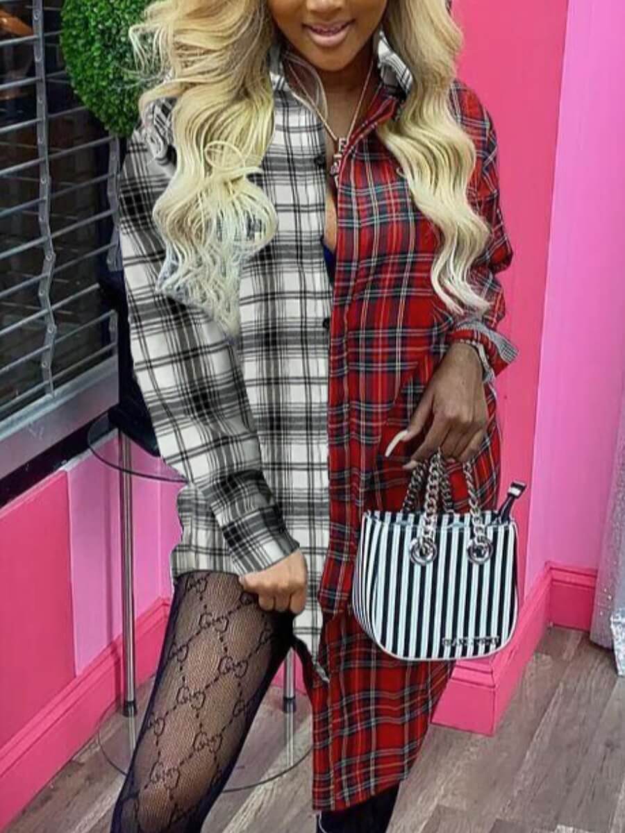 

Lovely Street Plaid Print Patchwork Red Knee Length Shirt Dress