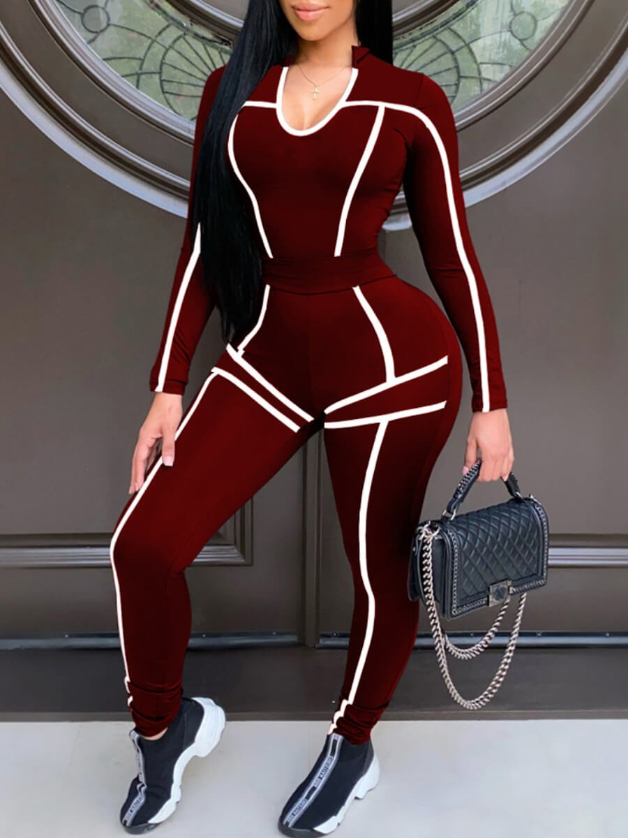 

Lovely Sportswear U Neck Striped Patchwork Wine Red Two Piece Pants Set