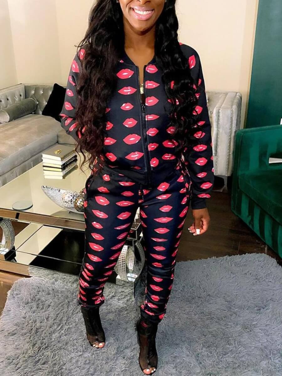 

Lovely Casual Lip Print Zipper Design Black Two Piece Pants Set