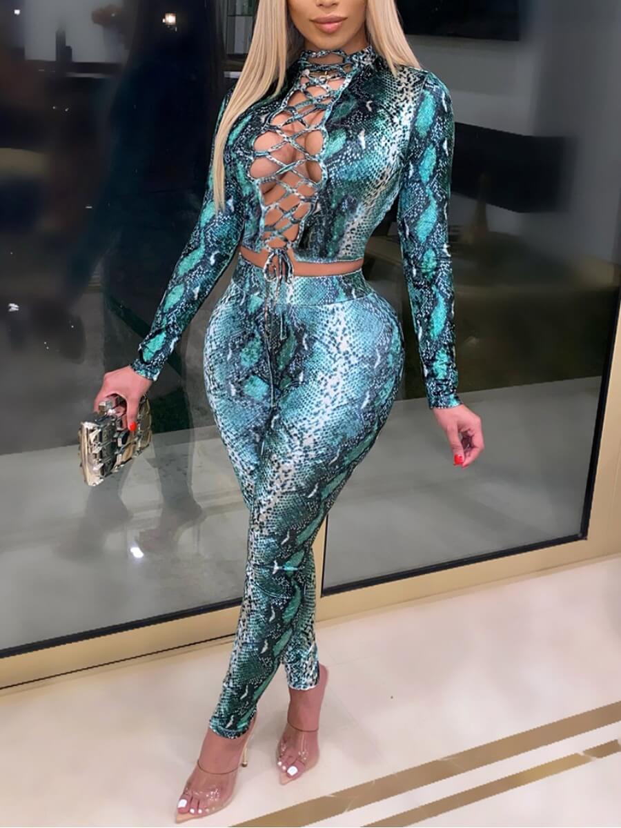 

Lovely Sexy Cobra Print Bandage Hollow-out Design Blue Two Piece Pants Set