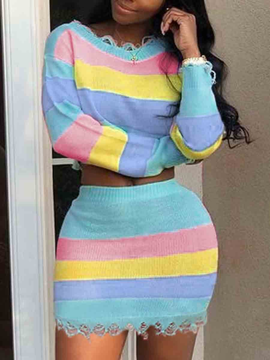

Lovely Casual Striped Lace Patchwork Multicolor Two Piece Skirt Set, Multi