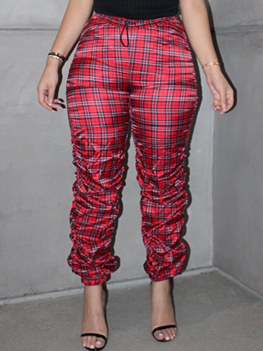 

Lovely Sweet Plaid Print Fold Design Red Pants