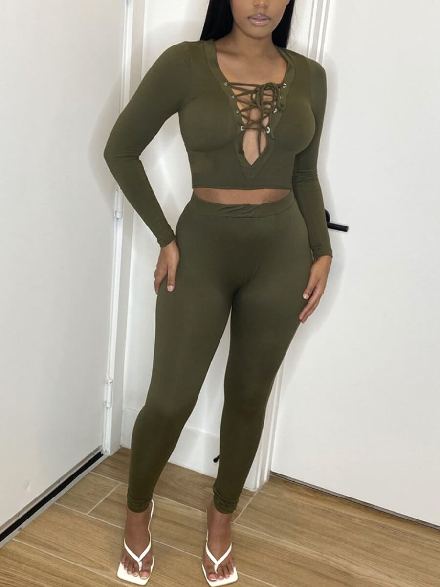 

Lovely Chic Bandage Hollow-out Design Green Two Piece Pants Set