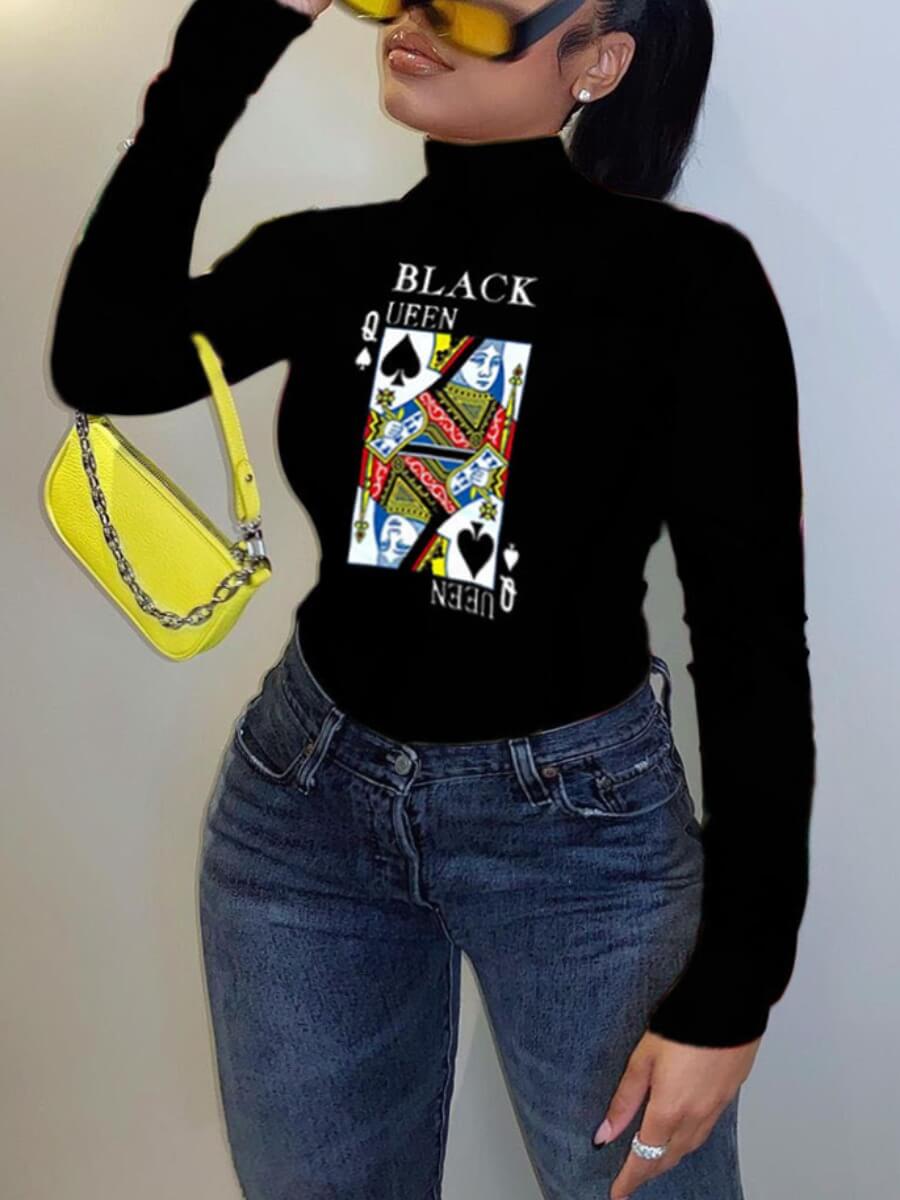 

Lovely Casual Turtleneck Card Print Black Plus Size T-shirt