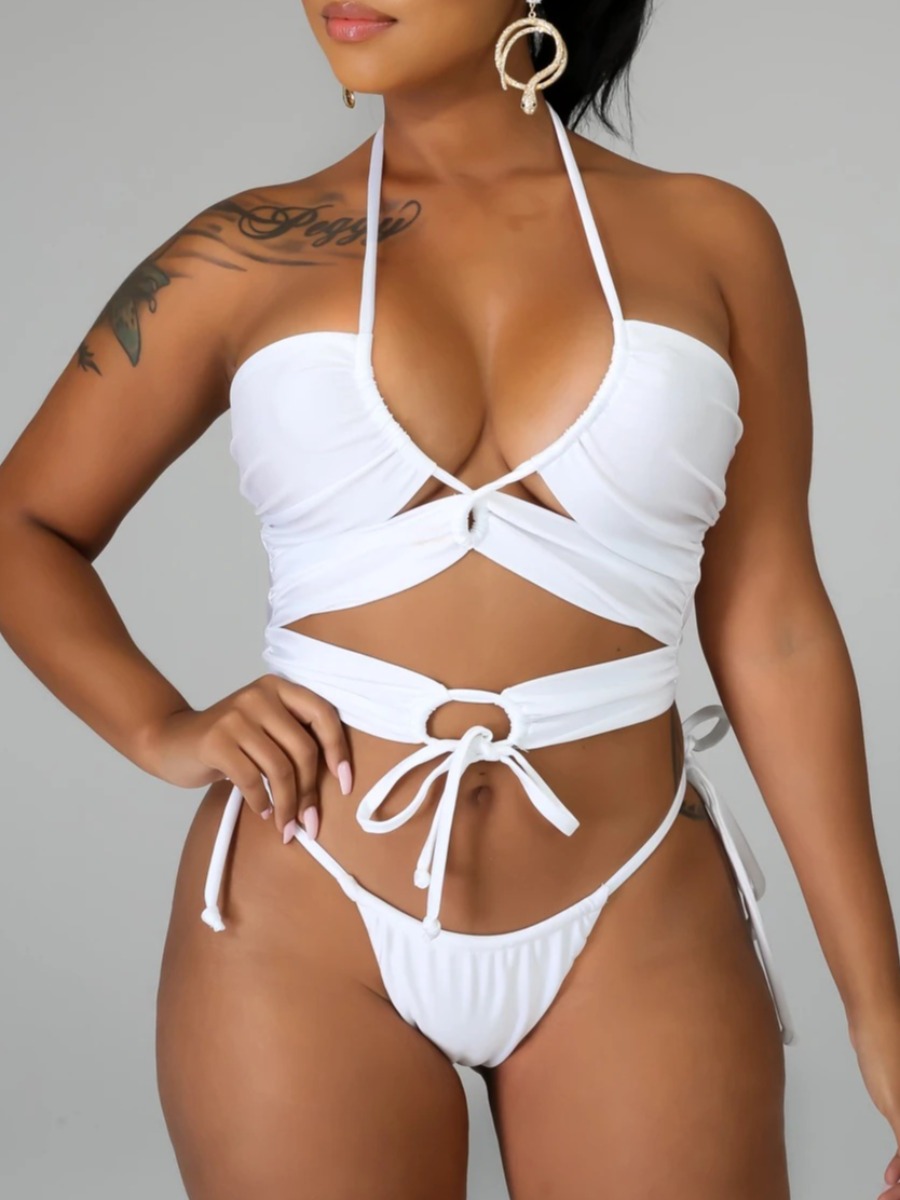 

Lovely Sexy Bandage Hollow-out Design White Two-piece Swimsuit