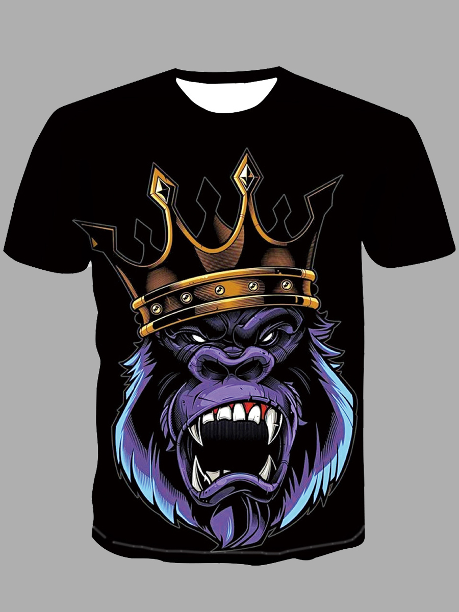 LW Men Casual Crown Gorilla Cartoon Print Black T-shirt