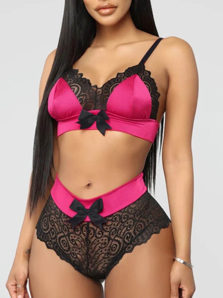 

Lovely Sexy Bow-tie Decoration Patchwork Rose Red Bra Sets