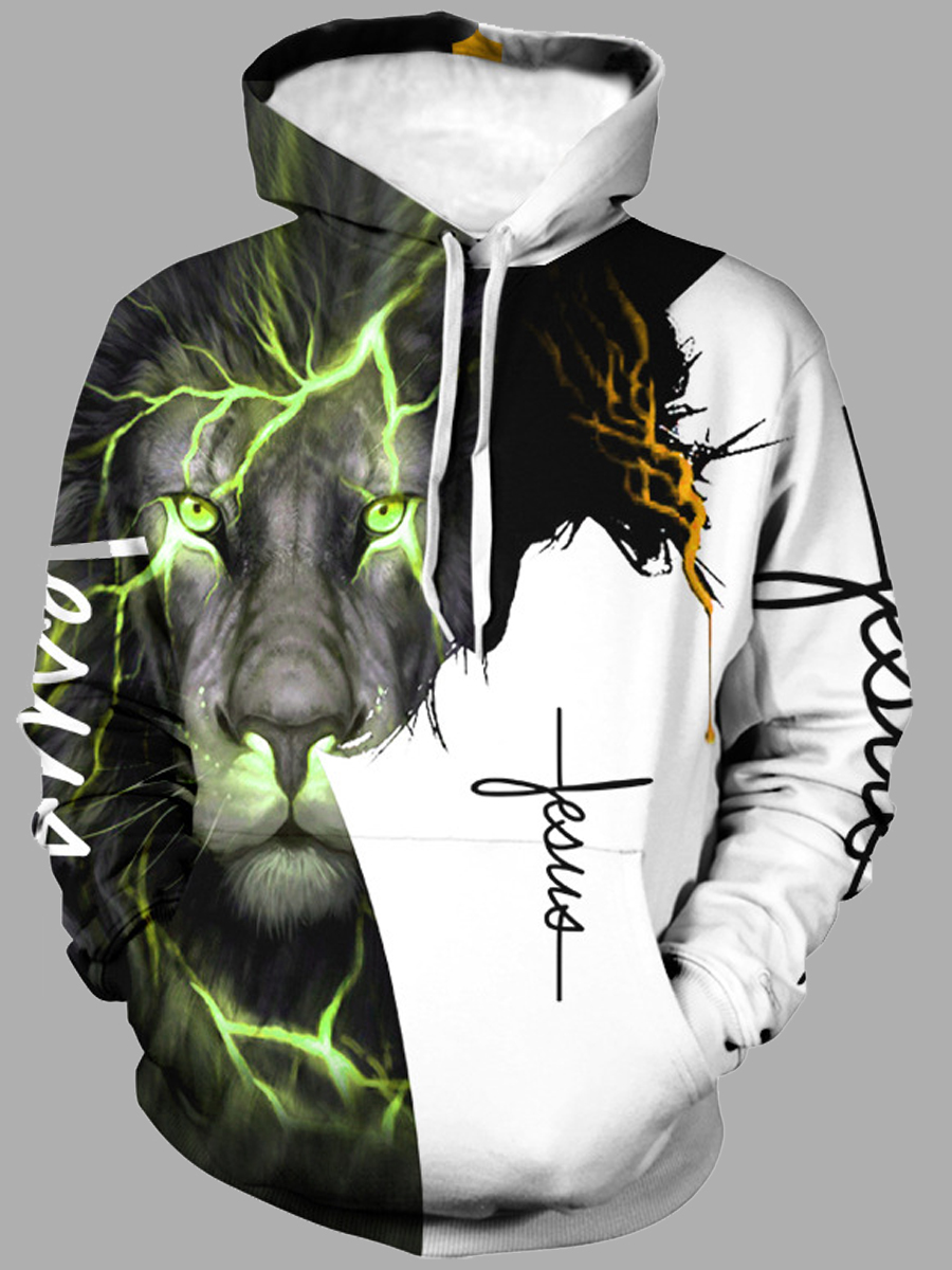 

Lovely Men Street Lion Print Patchwork Yellow Hoodie