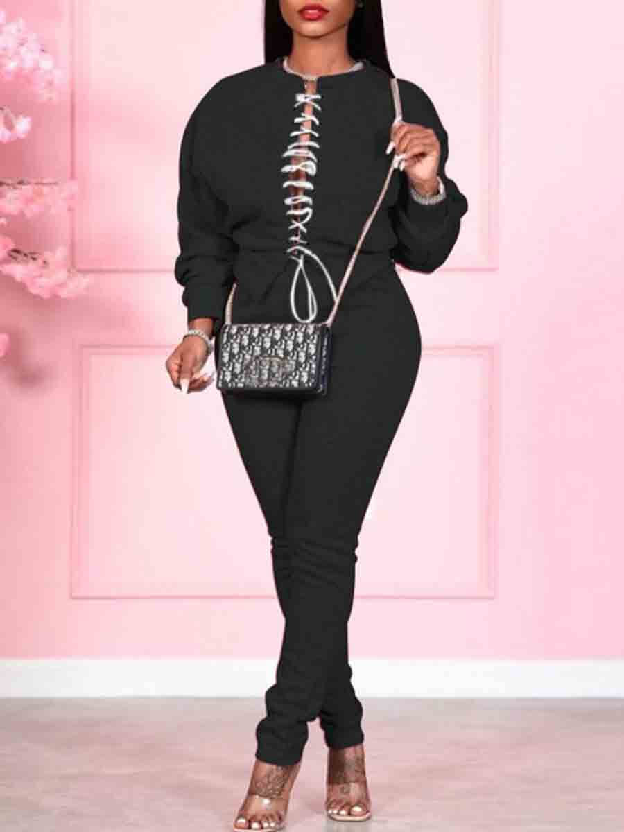 

Lovely Chic Bandage Hollow-out Design Black Two Piece Pants Set