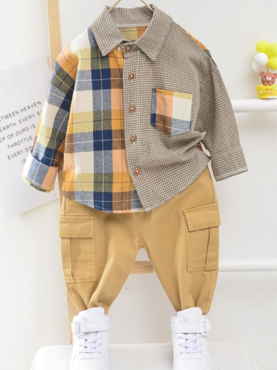 

Lovely Trendy Plaid Print Side Pocket Yellow Boy Two Piece Pants Set