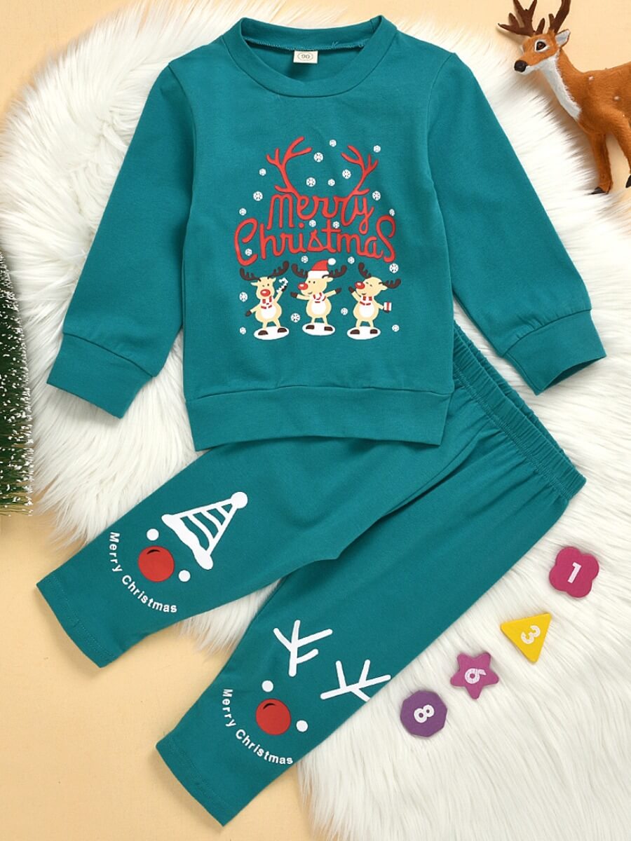 

Lovely Trendy Christmas Day Letter Print Boy Two Piece Pants Set, Acid blue