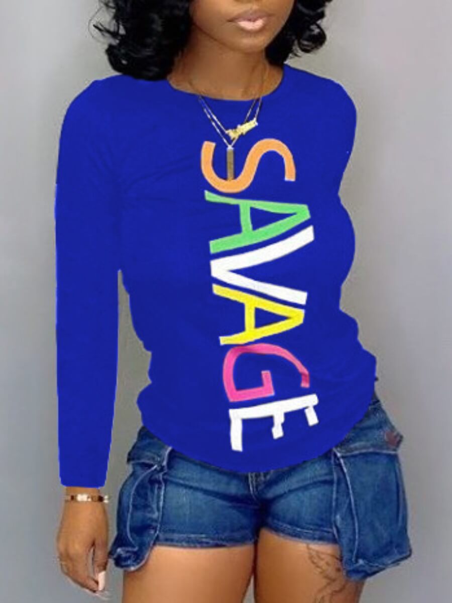 

Lovely Casual O Neck Letter Print Patchwork Blue T-shirt