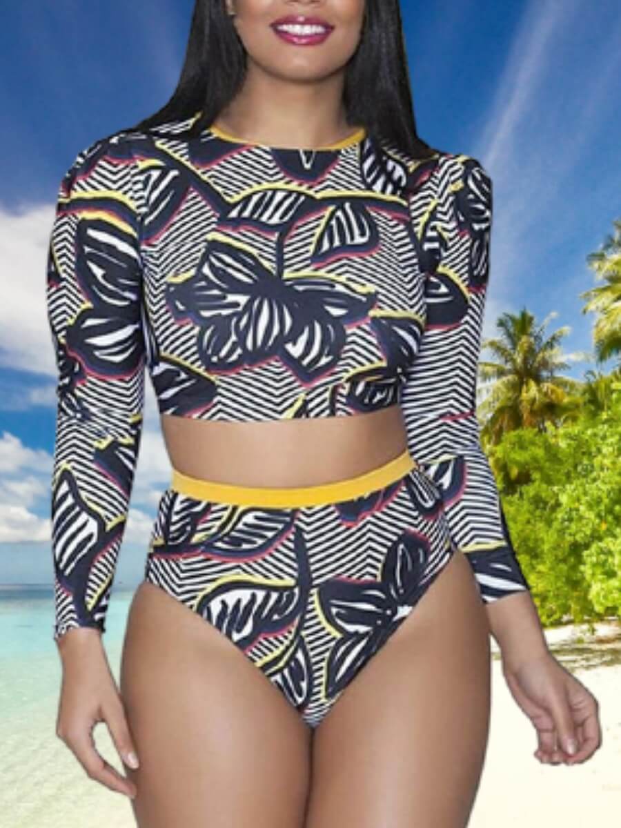 

Lovely Casual O Neck Floral Print Black Tankini